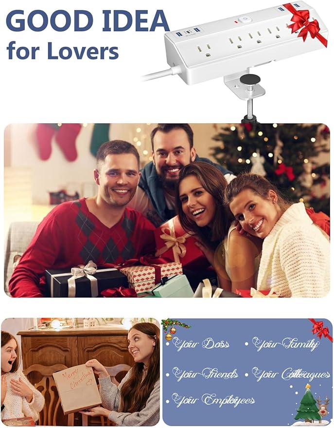 Desk Clamp Power Strip, 40W Fast Charging Station, Desktop Mount Surge Protect with 6 Outlets 6USB Ports (2USB C), Removable Power Strip Fits 1.8" Tabletop Edge, 10Ft Extension Cord for Home Office