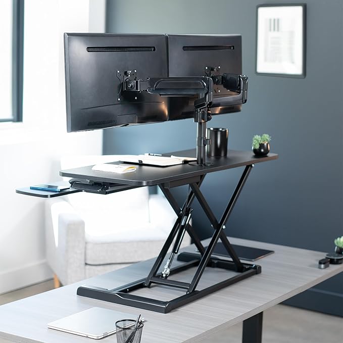 VIVO 42 inch Standing Desk Converter with Dual Monitor Mount for up to 32 inch Screens, Height Adjustable Riser with Pneumatic Spring Arms, Black, DESK-KIT-042K2K