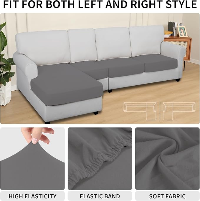Easy-Going 100% Waterproof 4 Pieces Couch Cushion Covers for Sectional Sofa Left/Right L Shape Chaise Lounge Sofa Seat slipcover Anti-Slip Sofa Cover (3 Seater + 1 Chaise, Light Gray