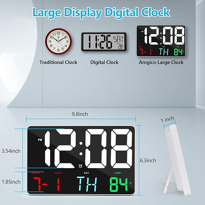 Amgico Digital Alarm Clock with Snooze, Temperature, Auto Dimming, 11.5" Large Display Calendar, Desk/Wall Clock for Bedroom, Living Room, Office, Home, Classroom, Kids, Elderly - Colorful