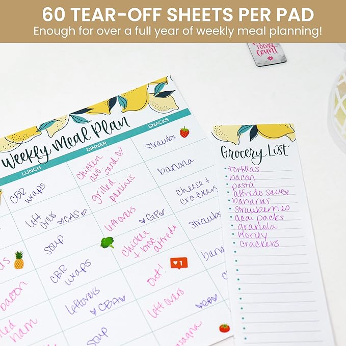 bloom daily planners Horizontal Weekly Magnetic Meal Planning Pad for Fridge with Tear-Off Grocery Shopping List - Hanging Food/Menu Organizer Notepad with Magnets - 8.5” x 11” - Lemons