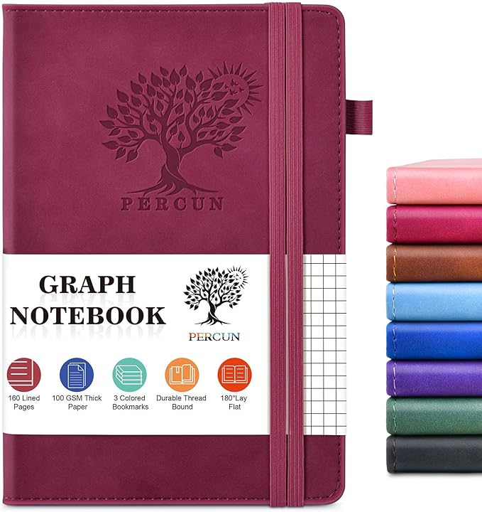 PERCUN Graph Paper Notebook, 160 Pages Grid Journal for women & men, A5 Hardcover Leather Graphing Notebook for School, Work, Travel, Note Taking 5.9”x8.5” (Burgundy)