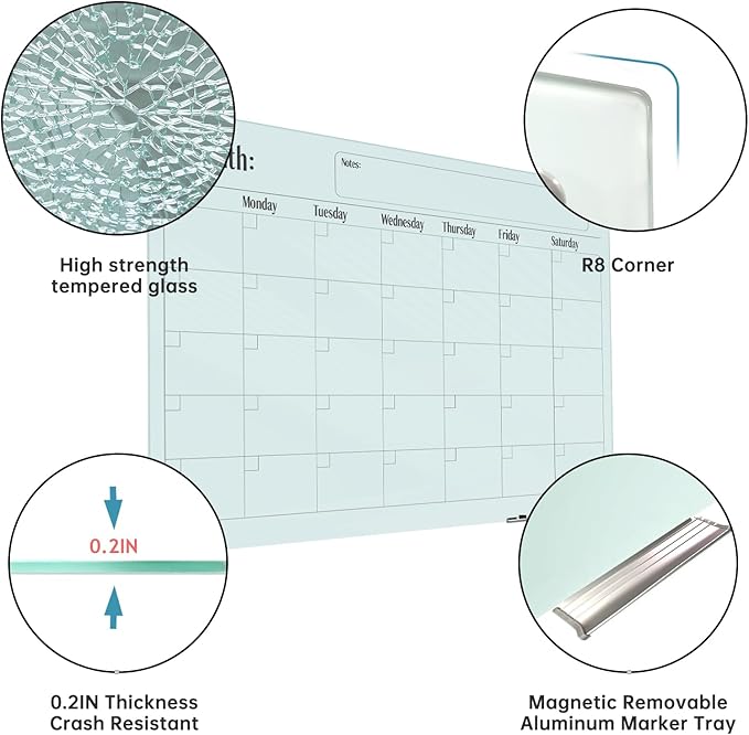 Magnetic Glass Monthly Calendar Whiteboard - Glass Dry Erase Board 48"x36" Large Frameless Glass Board for Walls Office School and Home