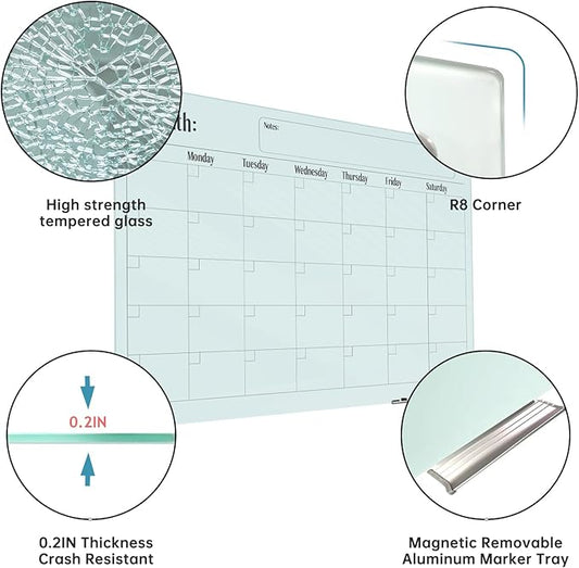 Magnetic Glass Monthly Calendar Whiteboard - Glass Dry Erase Board 48"x36" Large Frameless Glass Board for Walls Office School and Home