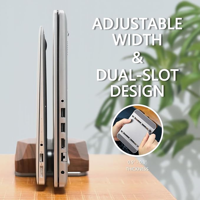 GEVO Dual Laptop Holder Vertical Laptop Stand, Natural Wood, Adjustable Dock, Wooden Laptop Stand, Vertical Laptop Holder for Desk, Widen Dock Fits All MacBook/Surface Pro 2 Devices (Black Walnut)