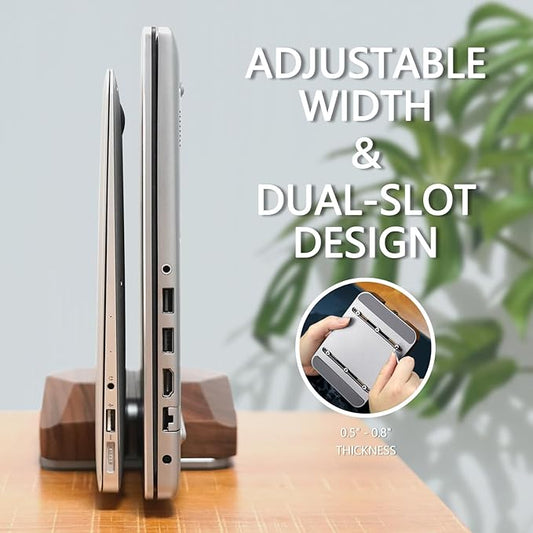 GEVO Dual Laptop Holder Vertical Laptop Stand, Natural Wood, Adjustable Dock, Wooden Laptop Stand, Vertical Laptop Holder for Desk, Widen Dock Fits All MacBook/Surface Pro 2 Devices (Black Walnut)