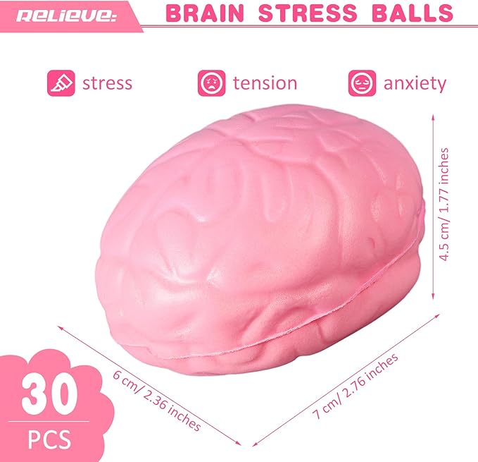 Jenaai 30 Pcs Brain Stress Ball Halloween Squeeze Toy 2.76 Inch PU Hand Muscle Exercise Pressure Ball Funny Stress Relief Toy for Teens Adults Improving Grip Strength Release Pressure(Pink)