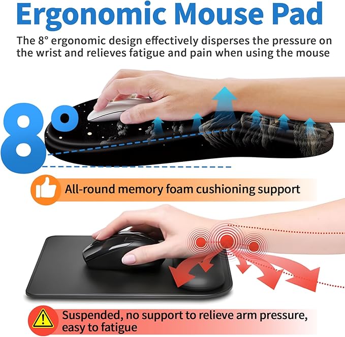 Ergonomic Mouse Pad with Wrist Rest Support, Mousepad with Comfortable Memory Foam Wrist Rest and Non-Slip PU Base for Pain Relief, Computer, Laptop, Office, Home (Moon)