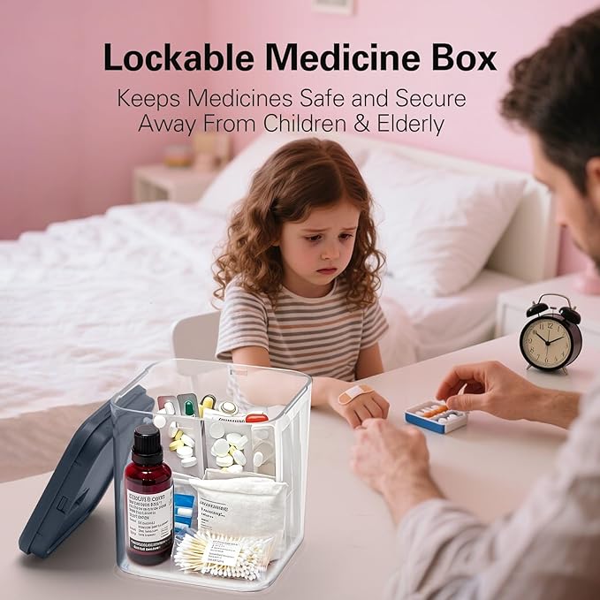 iBune Medication Lock Box, Small Lock Box, Childproof Medicine Lockbox, Lockable Storage Box for Pill Organizer/Medicine Safe/Phone/Refrigerator/Personal Items/Dorm, 5.6’’x 5.6’’x 6.3’’