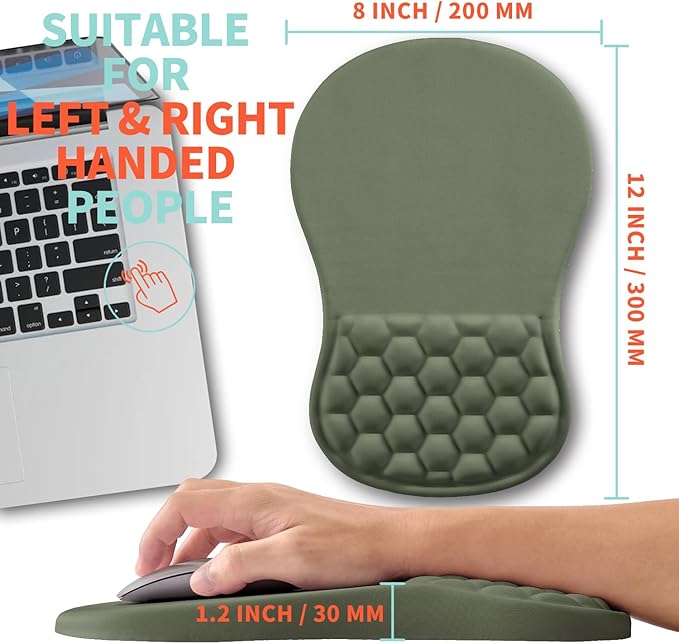 Ergonomic Mouse Pad Wrist Support with Memory Foam Massage Bulge, Carpal Tunnel Pain Relief Mousepad Wrist Rest for Mouse(12x8 inch,Olive Green)