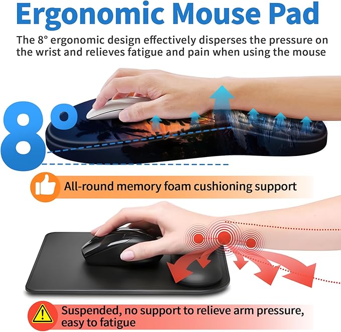 Ergonomic Mouse Pad with Wrist Rest Support, Mousepad with Comfortable Memory Foam Wrist Rest and Non-Slip PU Base for Pain Relief, Computer, Laptop, Office, Home (Sunset Beach)