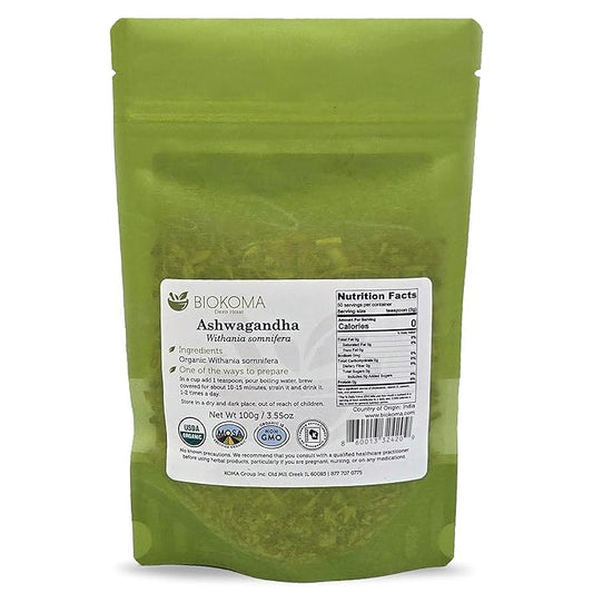 Biokoma Pure and Organic Biokoma Ashwagandha Dried Root 100g (3.55oz) in Resealable Moisture Proof Pouch, USDA Certified Organic - Herbal Tea, No Additives, No Preservatives, No GMO, Kosher