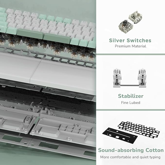 RK ROYAL KLUDGE RKS70 Ergonomic Split Mechanical Keyboard, Wireless Bluetooth/2.4G/Wired Keyboard with Wrist Rest, 75% RGB PC Gaming Keyboards for Win/Mac, Hot Swappable Silver Grey Switches, White