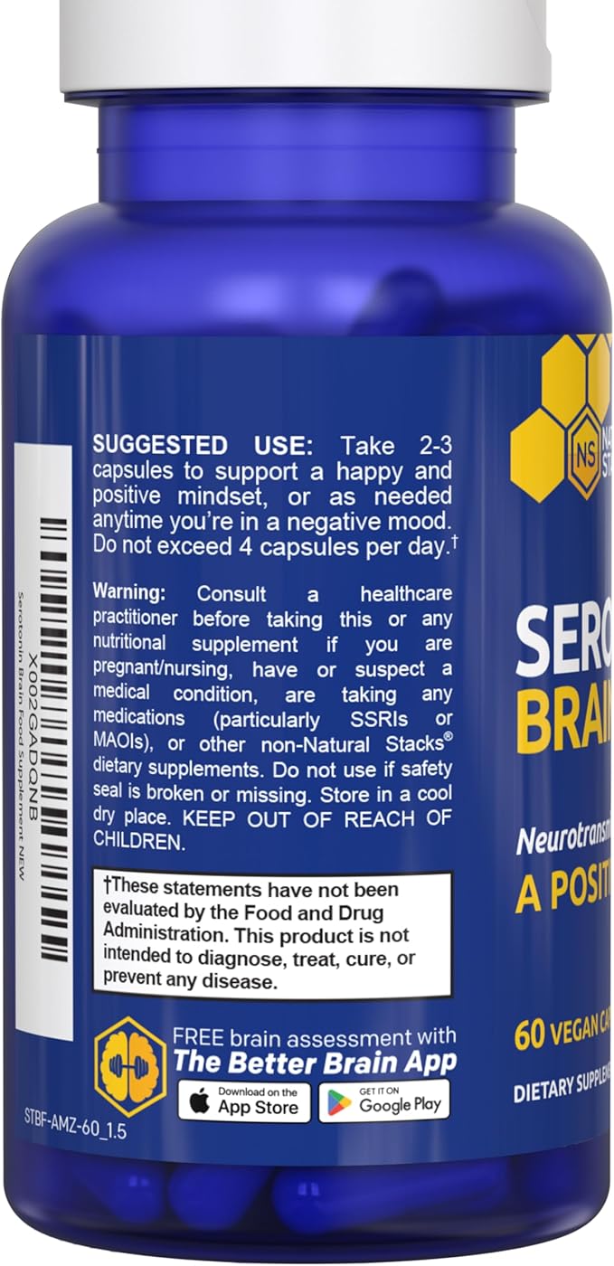 Serotonin Brain Food - 1250mg L-Tryptophan & 400mg Rhodiola Rosea Supplement - Mood Support Supplement for Stress Relief - Neurotransmitter Support with Magnesium Glycinate & Zinc - 60 Capsules