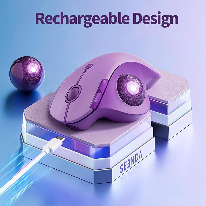 seenda Wireless Trackball Mouse, Bluetooth Rollerball Thumb Control Mice Ergonomic, Rechargeable, Multi Devices Connection Compatible for Mac/Android/Windows Computers - Purple