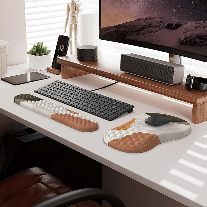 HAOCOO Ergonomic Mouse Pad with Wrist Rest and Keyboard Wrist Rest, 3 PCS Computer Carpal Tunnel Mouse Pads for Desk with Coaster Set, Memory Foam Keyboard Wrist Support for Laptop Office, Boho Beige