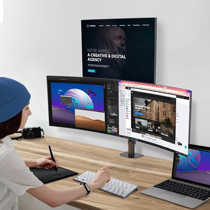 Pholiten Triple Monitor Stand,13 to 27 inch LCD Monitor Desk Mount,Extra Tall 31.5 inch Pole Heavy Duty Fully Adjustable Stand Mount