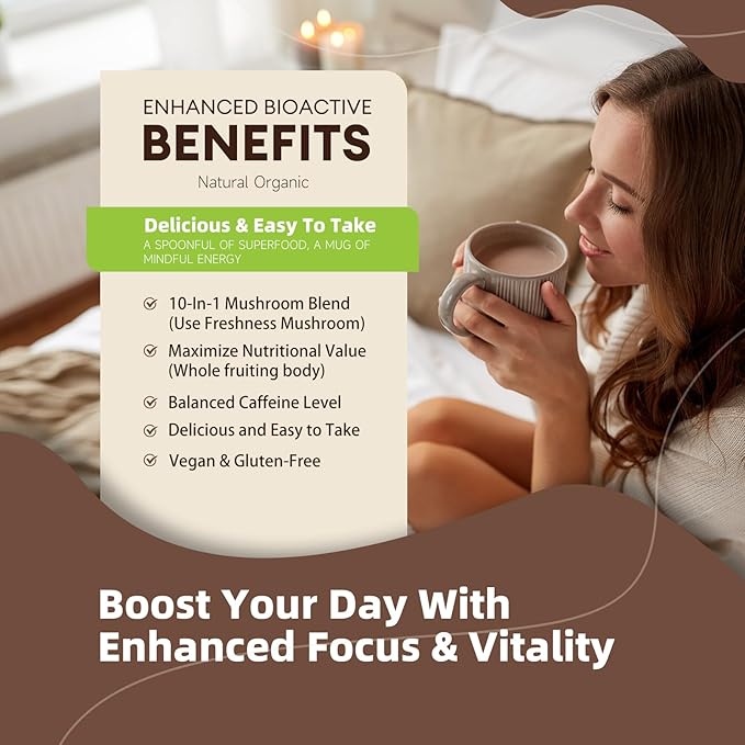 Mushroom Coffee - Lions Mane Mushroom Powder Instant Coffee with Lion's Mane, Reishi, Chaga, Cordyceps, and Turkey Tail - Alternative for Energy, Mental Clarity & Focus, Brain Booster 6.35oz