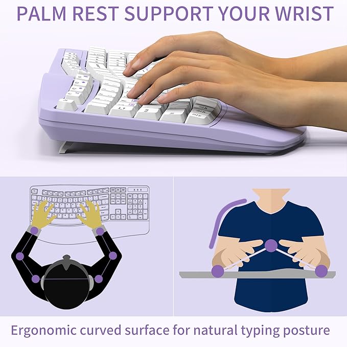 Ergonomic Wireless Keyboard and Mouse Combo, Wave Keys Keyboard with Wrist Rest for Natural Typing, 3 DPI Adjustable Ergonomic Silent Mouse for Computer/Laptop/Windows/Mac (Purple)