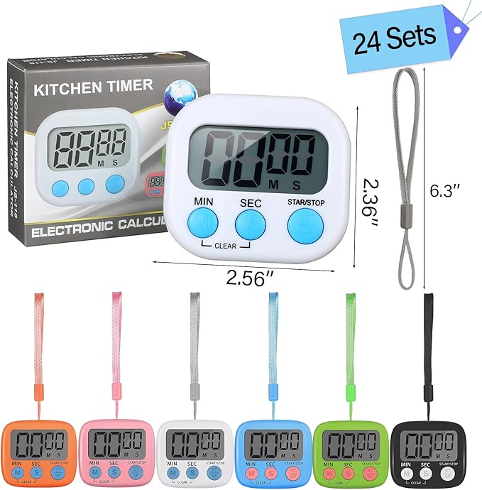 Weewooday 24 Packs Small Digital Kitchen Timer Magnetic Back and Switch Minute Second Count up Countdown Big LCD Display Loud Alarm for Teacher Cooking Baking(Colorful)