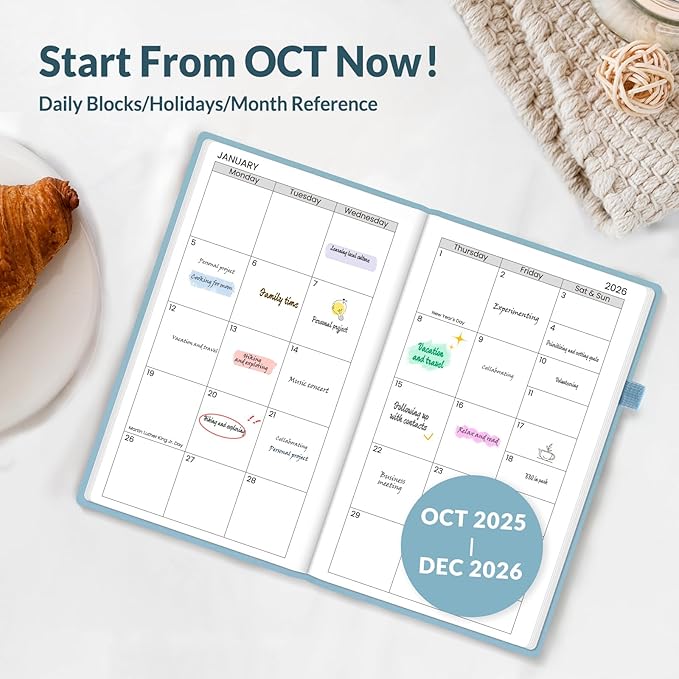 SUNEE 2026 Pocket Weekly Planner for Purse 3.5" x 6" - 12 Month (January 2026 - December 2026), Small Size Planner, Hardcover, Notes, Pocket, 100 GSM Paper, Gray Blue