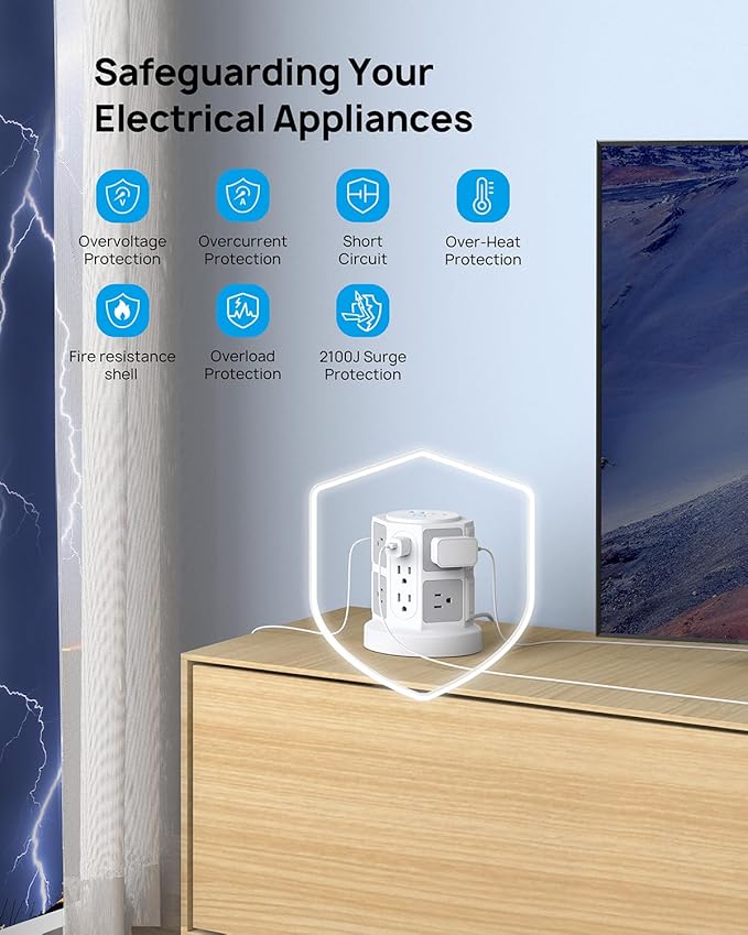 TROND Tower Surge Protector Power Strip with 14 Widely Spaced Outlets, 4 USB Ports(2 USB C), 2100J Surge Protection, 6 Feet Extension Cord with Multiple Outlets, Office Desk Supplies, Dorm Essentials