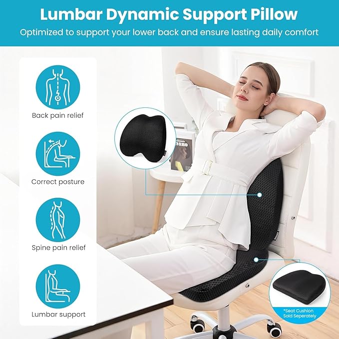 Lumbar Support Pillow Office Chair Car Back Pillow, Ergonomic Lower Back Pain Relief Breathable Air Fiber Cushion for Long Sitting Worker Driver & Handicapped, Adjustable Strap (Dark Grey)