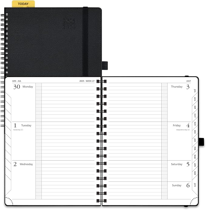 POPRUN Planner 2025-2026, Horizontal Weekly Notebook Jul.25-Jun.26 (Medium 6.75''x 8.75''), Academic Calendar Book with Monthly Tabs, Spiral Soft Cover, Inner Pocket, 100 GSM - Black