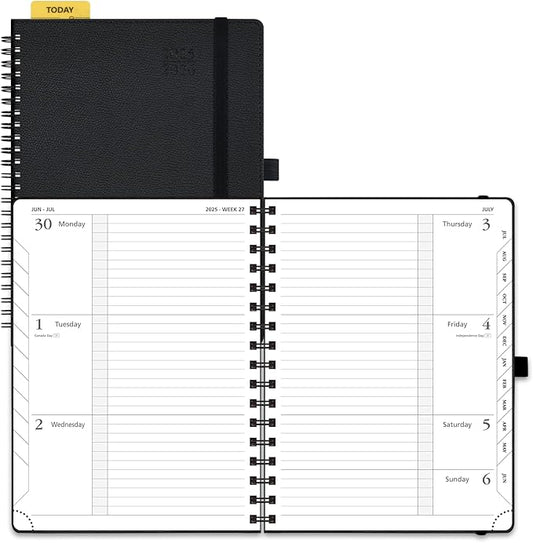 POPRUN Planner 2025-2026, Horizontal Weekly Notebook Jul.25-Jun.26 (Medium 6.75''x 8.75''), Academic Calendar Book with Monthly Tabs, Spiral Soft Cover, Inner Pocket, 100 GSM - Black