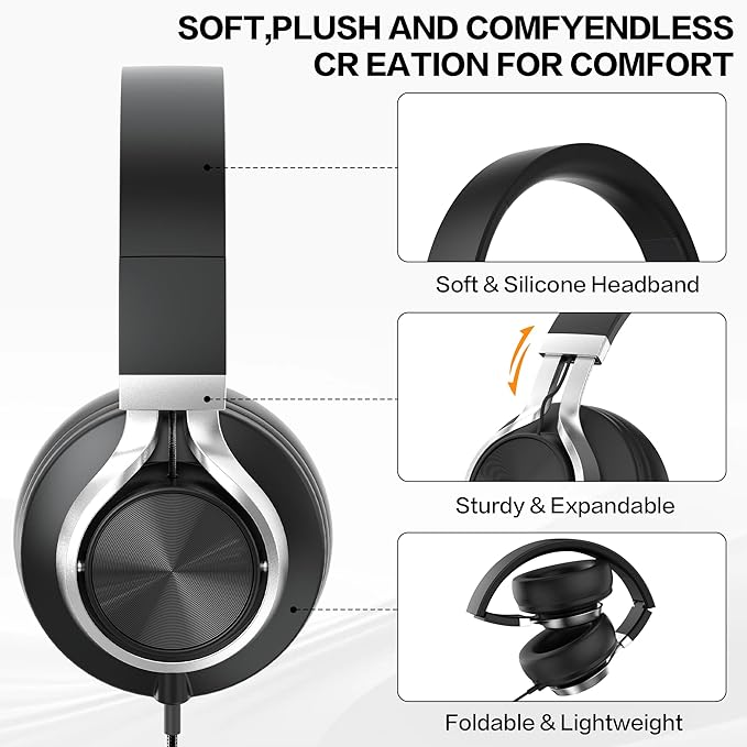 Over Ear Headphones Wired with Microphone - Noise Isolating Corded Headphones with Protein Leather Ear Cushions for Teens Adults,Fordable Head phones with Golded 3.5 mm Jack for Laptop (Black)