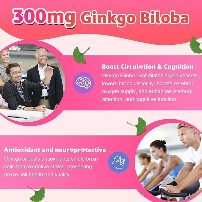 Ginkgo Biloba 300mg Gummies for Adults & Kids, Ginkgo Biloba Supplements for Focus, Memory, and Brain Health, Vegan, Sugar-Free, Raspberry Flavor, 60 Count