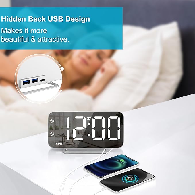 Slim LED Digital Alarm Clock, Mirror Surface for Makeup, with Diming, Large Display, Easy Setting, USB Ports, Modern Decor for Bedroom, Desk, Xmas, Birthday Gift for Women, Sister, Teen Girl, Silver