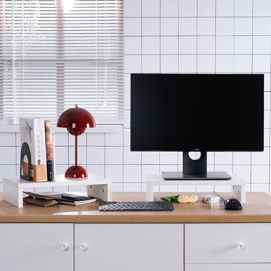 Computer Monitor Stand Riser Wood 2 Pack Dual Monitor Stand Riser for 2 Monitors Shelf Stand Desk Organizers for PC Screen White