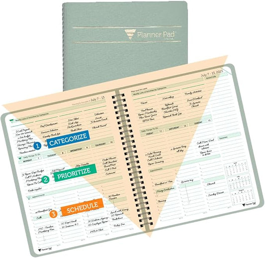 Planner Pad Spiral Bound 3-Tier Funnel Down 12 Month Organizer, July 2025 – June 2026 / Academic Year, Greenish Grey Cover/Soft Green Ink, 6 3/4" x 8 1/2"