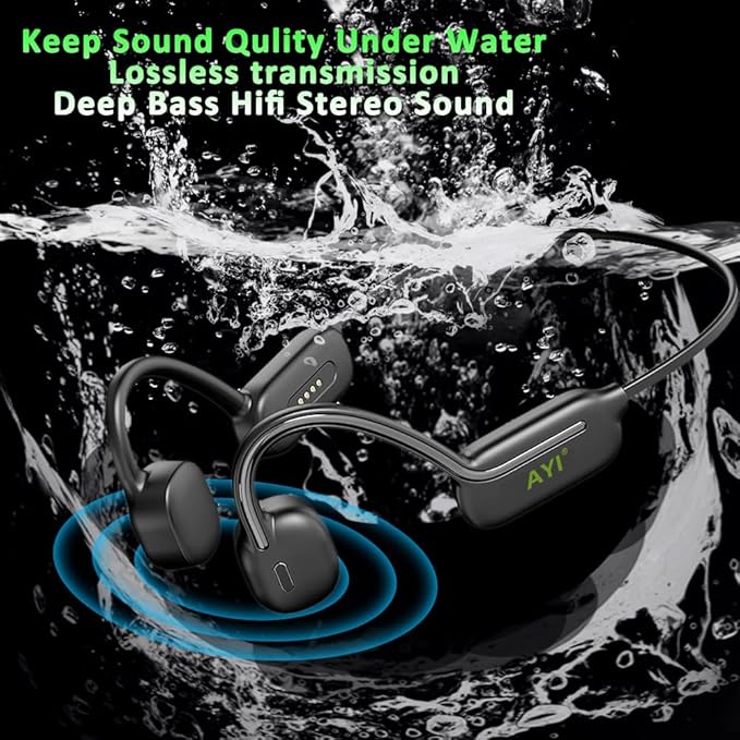 AYI Professional Swim Headphones True Bone Conduction Open Ear Headset MP3 Player Built-in 32G Memory IP68 Underwater Waterproof Bluetooth Earphone for Driving Bicycling Running Skiing-CS05 Black