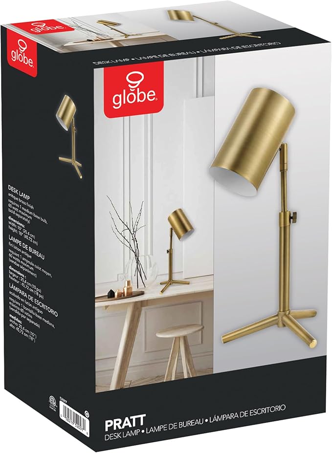 Globe Electric 52097 Pratt 18" Desk Lamp, Matte Brass Finish, Adjustable Height, in-Line Rocker On/Off Switch