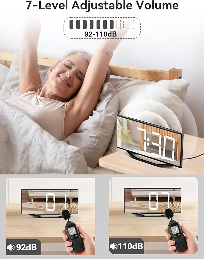 Digital Alarm Clocks for Bedrooms，8.7" LED Mirror Electronic Clocks with 2 USB Charger Ports,7 Levels Brightness & Alarm Volume,Dual Alarms,Snooze,12/24H,Modern Desk Clock for Bedside Home Office