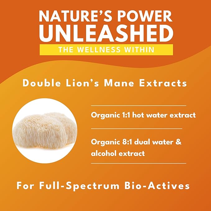 Lion’s Mane Mushroom Capsules - 100% Fruiting Body – Concentrated Organic Lion’s Mane Extracts – Nootropic Brain Health – Memory, Mood, Immune Support – 60 Vegan Capsules
