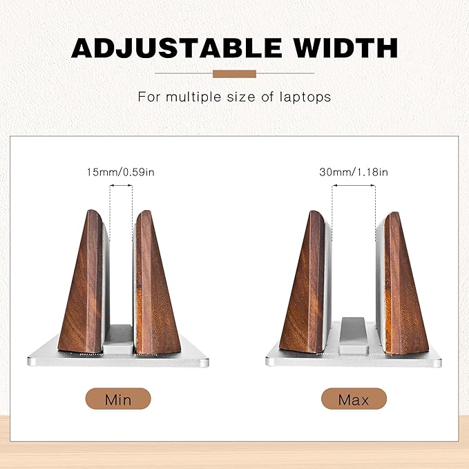 muso wood Vertical Laptop Stand, Walnut Laptop Holder Desktop Stand with Adjustable Dock Size, Wooden Laptop Stand for MacBook Pro and Other Laptops