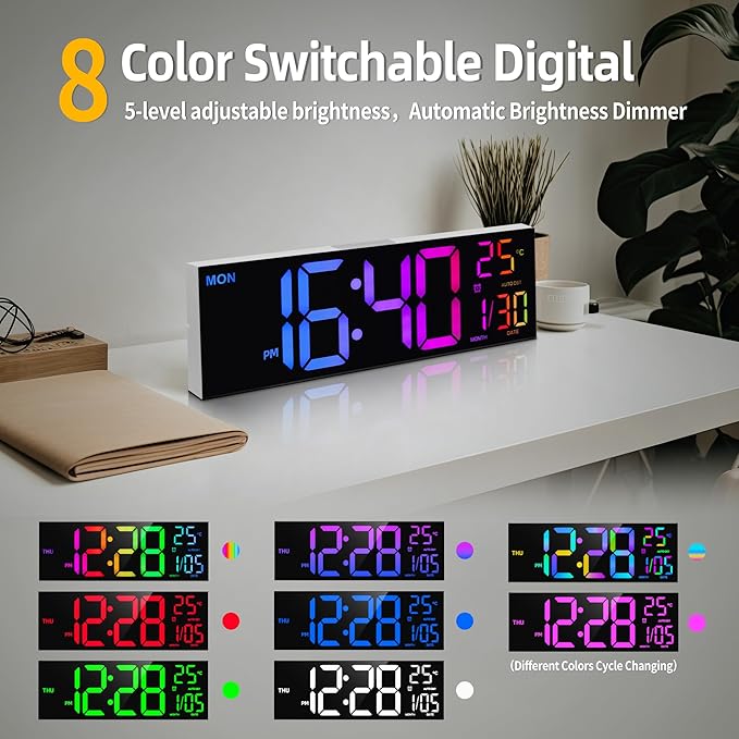 8 Colors Digital Wall Clock, 16.2" Large Digital Clock with Temperature, Date, Auto DST, Night Light, Auto Brightness Dimmer, 24/12-hour Wall Clock for Living Room Office Classroom Gym