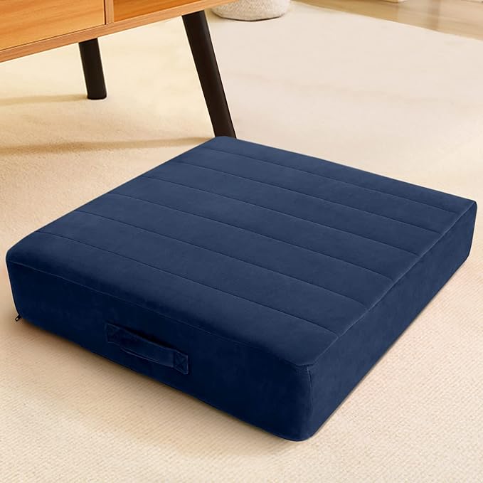 MeMoreCool Square Floor Pillow for Adults and Kids, Large Meditation Cushion with Thick Foam and Washable Tufted Cover, 24-Inch Navy Seat for Yoga and Sitting