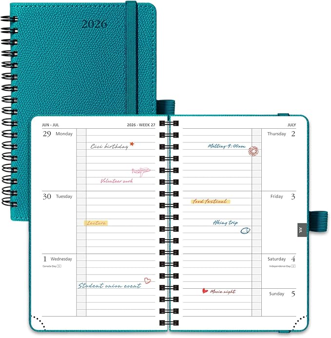 POPRUN 2026 Pocket Planner, (Small Size-4'' x 6.25'') - Daily Weekly and Monthly Calendar Agenda 2026 Appointment Book with Monthly Tabs, Spiral Soft Cover, Inner Pocket, 100 GSM - Pacific Green