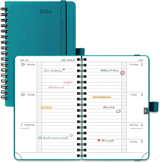 POPRUN 2026 Pocket Planner, (Small Size-4'' x 6.25'') - Daily Weekly and Monthly Calendar Agenda 2026 Appointment Book with Monthly Tabs, Spiral Soft Cover, Inner Pocket, 100 GSM - Pacific Green