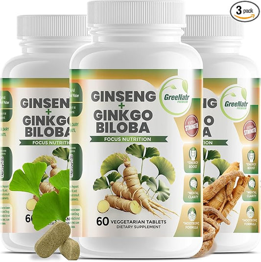 Ginko Biloba & Panax Ginseng Supplement - Red Ginseng Brain Supplement for Memory and Focus - Ginkgo Biloba Supplements for Good Vision, Immune System and Improved Blood Flow - 3 Bottles