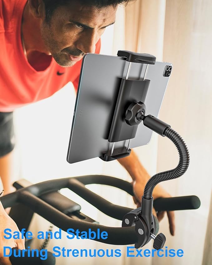 Gooseneck Tablet Holder with Flexible Long Arm, Anti-Slip iPad Clamp Mount for Treadmill/Spin Bike/Stroller/Wheelchair/Elliptical/Boat/Mic Stand/Peloton/Indoor Cycle, Fits 4-13" Device