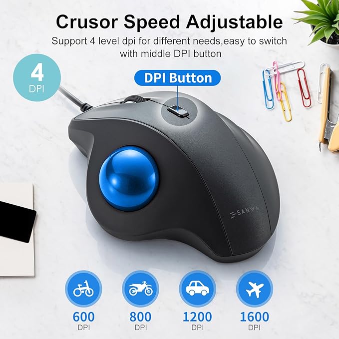 SANWA Wired Ergonomic Trackball Mouse, Optical Vertical Rollerball Mice, Silent Buttons, 34mm Trackball, 600/800/1200/1600 DPI, Compatible with MacBook, Laptop, Computer, Windows, macOS, Blue
