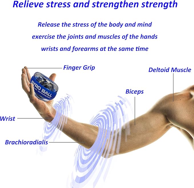 Auto-Start Power Gyro Ball, Metal Ball Center,Hand Wrist Forearm Trainer and Fingers Grip Strengthener for Exercise Joint and Muscle with LED Lights
