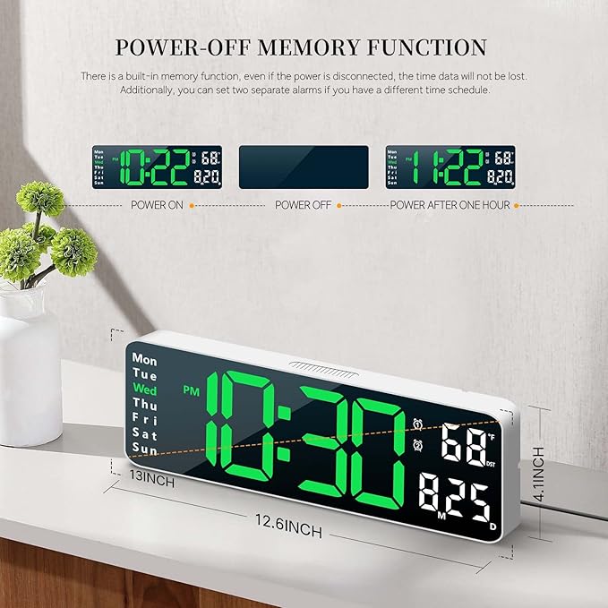 Digital Clock, Digital Wall Clock for Living Room Decor, Desk Alarm Clock for Bedroom, Large Wall Clock with Remote Control, Automatic Brightness Dimmer LED Clock with Date Temperature Week (Green-W)