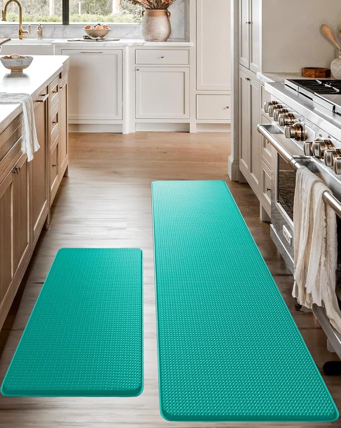 Anti-Fatigue Kitchen Mat Set – 2-Piece Memory Foam Cushioned Mats for Standing – Teal, 18×30 & 18×60, 0.4 in Thick, Waterproof, Non-Slip – Homergy