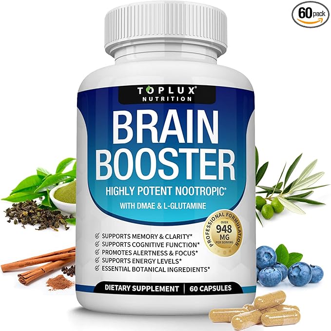 Toplux Brain Supplement Nootropic – Brain Pills Vitamin with DMAE, Bacopa Monnieri, L-Gutamine, for Men Women, 60 Capsules, Nutrition
